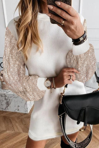 White Sequin Puff Sleeve Shift Mini Dress, A Blissfully Beautiful Boutique - A Blissfully Beautiful Boutique