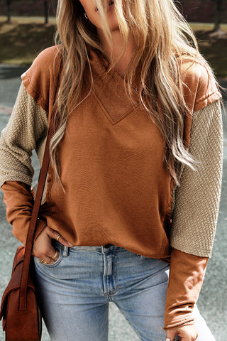 Chestnut Contrast Sleeves Patchwork Colorblock Hoodie, A Blissfully Beautiful Boutique - A Blissfully Beautiful Boutique