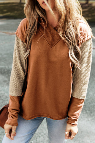 Chestnut Contrast Sleeves Patchwork Colorblock Hoodie, A Blissfully Beautiful Boutique - A Blissfully Beautiful Boutique