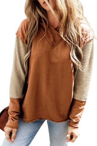 Chestnut Contrast Sleeves Patchwork Colorblock Hoodie, A Blissfully Beautiful Boutique - A Blissfully Beautiful Boutique