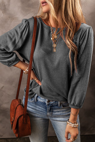 Medium Grey Solid Color 3/4 Sleeve Round Neck Blouse, A Blissfully Beautiful Boutique - A Blissfully Beautiful Boutique