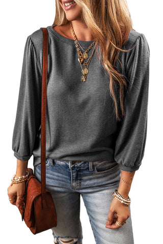 Medium Grey Solid Color 3/4 Sleeve Round Neck Blouse, A Blissfully Beautiful Boutique - A Blissfully Beautiful Boutique