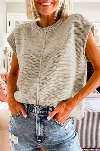 Oatmeal Solid Color Cap Sleeve Knitted Sweater, A Blissfully Beautiful Boutique - A Blissfully Beautiful Boutique