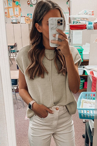 Oatmeal Solid Color Cap Sleeve Knitted Sweater, A Blissfully Beautiful Boutique - A Blissfully Beautiful Boutique