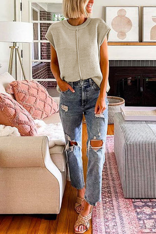 Oatmeal Solid Color Cap Sleeve Knitted Sweater, A Blissfully Beautiful Boutique - A Blissfully Beautiful Boutique