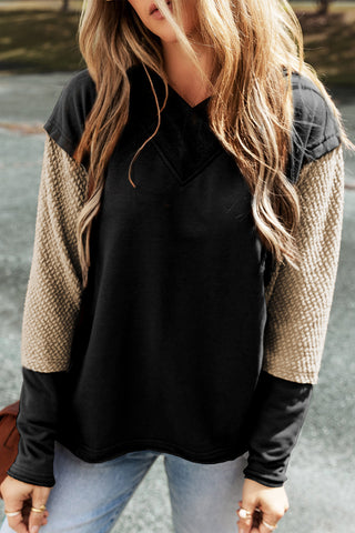 Black Contrast Sleeves Patchwork Colorblock Hoodie, A Blissfully Beautiful Boutique - A Blissfully Beautiful Boutique