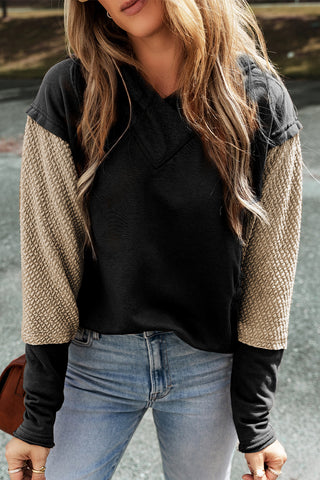 Black Contrast Sleeves Patchwork Colorblock Hoodie, A Blissfully Beautiful Boutique - A Blissfully Beautiful Boutique