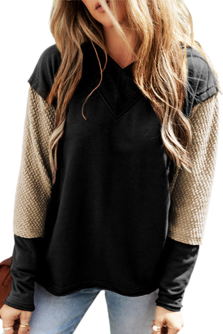 Black Contrast Sleeves Patchwork Colorblock Hoodie, A Blissfully Beautiful Boutique - A Blissfully Beautiful Boutique
