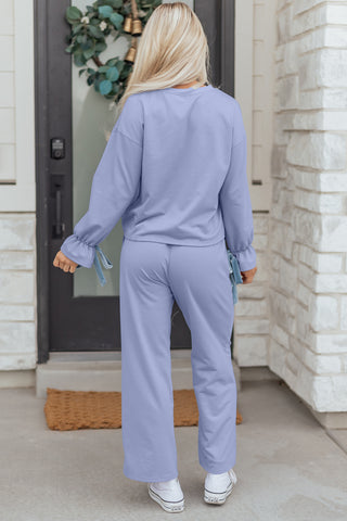 Beau Blue Flounce Long Sleeve Top Drawstring Pants Contrast Velvet Bow Knot 2pcs Lounge Set, Dear-Lover Dropshipping - A Blissfully Beautiful Boutique