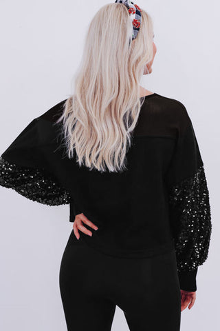 Black Sequin Patchwork Lantern Sleeve Blouse, A Blissfully Beautiful Boutique - A Blissfully Beautiful Boutique