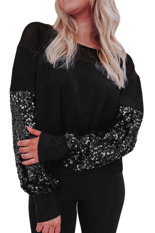 Black Sequin Patchwork Lantern Sleeve Blouse, A Blissfully Beautiful Boutique - A Blissfully Beautiful Boutique