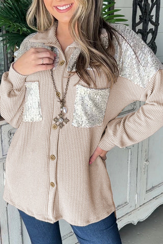 Parchment Sequin Patch Chest Pocket Corded Shacket, A Blissfully Beautiful Boutique - A Blissfully Beautiful Boutique