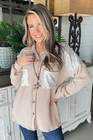 Parchment Sequin Patch Chest Pocket Corded Shacket, A Blissfully Beautiful Boutique - A Blissfully Beautiful Boutique