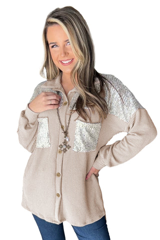 Parchment Sequin Patch Chest Pocket Corded Shacket, A Blissfully Beautiful Boutique - A Blissfully Beautiful Boutique