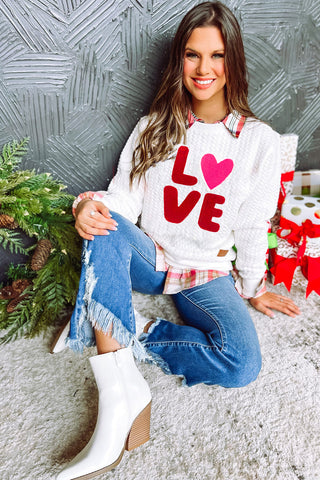 White LOVE Chenille Embroidered Cable Knit Pullover Sweatshirt, A Blissfully Beautiful Boutique - A Blissfully Beautiful Boutique