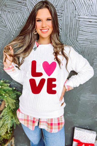 White LOVE Chenille Embroidered Cable Knit Pullover Sweatshirt, A Blissfully Beautiful Boutique - A Blissfully Beautiful Boutique