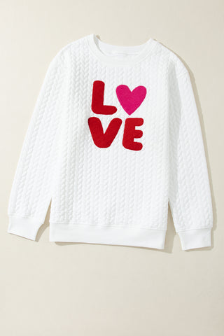 White LOVE Chenille Embroidered Cable Knit Pullover Sweatshirt, A Blissfully Beautiful Boutique - A Blissfully Beautiful Boutique