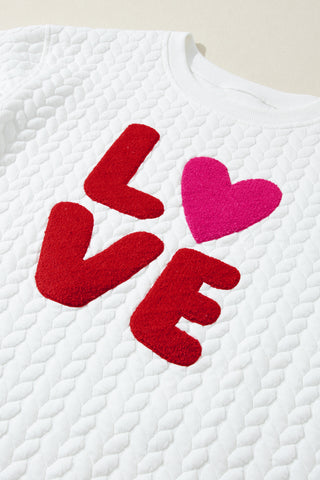 White LOVE Chenille Embroidered Cable Knit Pullover Sweatshirt, A Blissfully Beautiful Boutique - A Blissfully Beautiful Boutique