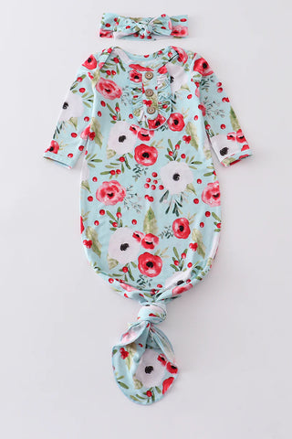 Red floral print bamboo baby gown - 0-3M, A Blissfully Beautiful Boutique - A Blissfully Beautiful Boutique