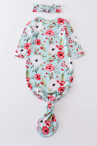 Red floral print bamboo baby gown - 0-3M, A Blissfully Beautiful Boutique - A Blissfully Beautiful Boutique