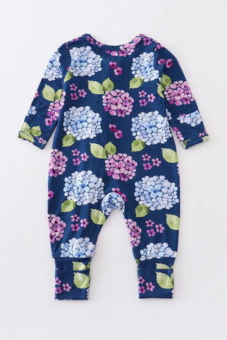 Navy floral print bamboo zipper baby romper, A Blissfully Beautiful Boutique - A Blissfully Beautiful Boutique