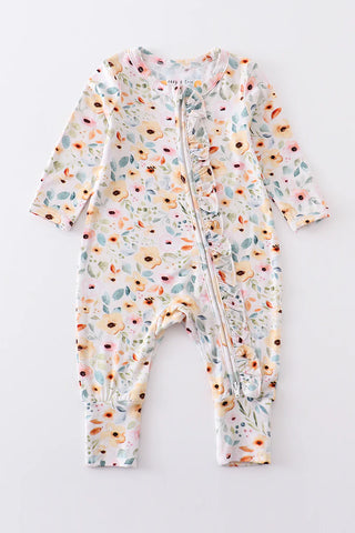Nutral floral print bamboo zipper baby romper, A Blissfully Beautiful Boutique - A Blissfully Beautiful Boutique