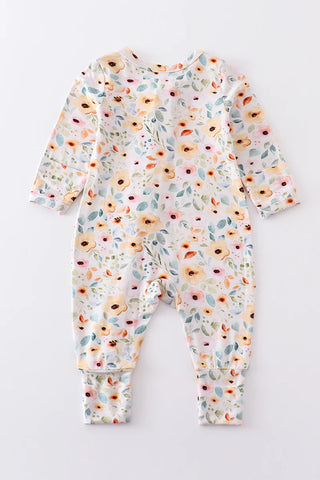 Nutral floral print bamboo zipper baby romper, A Blissfully Beautiful Boutique - A Blissfully Beautiful Boutique