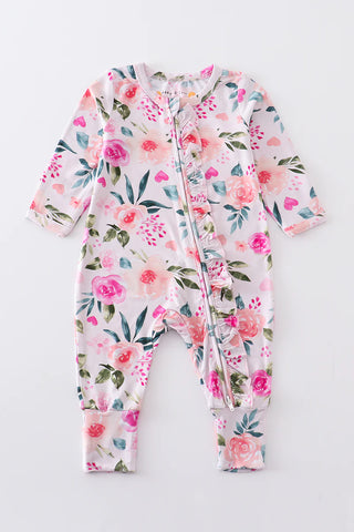 Pink floral print bamboo zipper baby romper, A Blissfully Beautiful Boutique - A Blissfully Beautiful Boutique