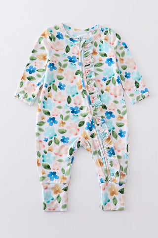 Blue floral print bamboo zipper baby romper, A Blissfully Beautiful Boutique - A Blissfully Beautiful Boutique