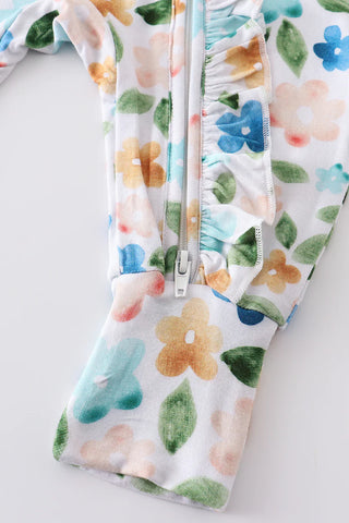 Blue floral print bamboo zipper baby romper, A Blissfully Beautiful Boutique - A Blissfully Beautiful Boutique