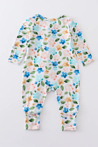 Blue floral print bamboo zipper baby romper, A Blissfully Beautiful Boutique - A Blissfully Beautiful Boutique