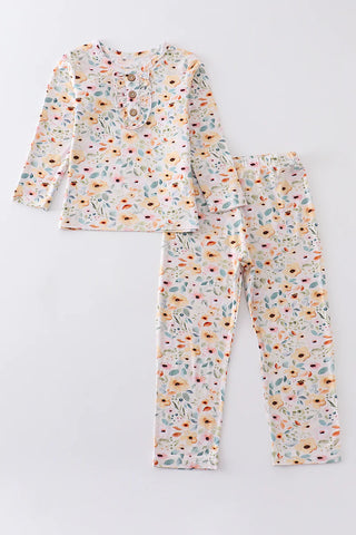 Mustard floral print bamboo pajamas set, A Blissfully Beautiful Boutique - A Blissfully Beautiful Boutique