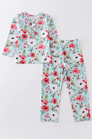 Red floral print bamboo pajamas set, A Blissfully Beautiful Boutique - A Blissfully Beautiful Boutique