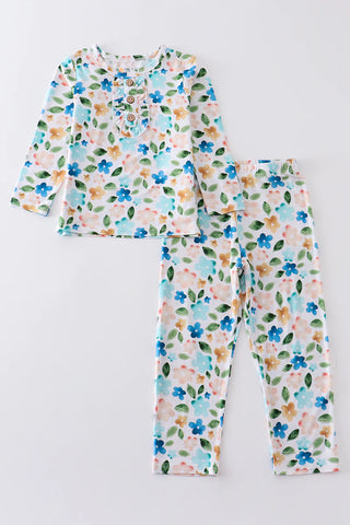 Blue floral print bamboo pajamas set, A Blissfully Beautiful Boutique - A Blissfully Beautiful Boutique