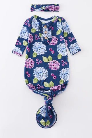 Navy floral print bamboo baby gown, A Blissfully Beautiful Boutique - A Blissfully Beautiful Boutique