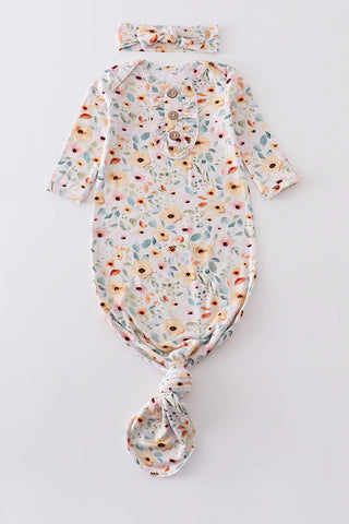 Mustard floral print bamboo baby gown, A Blissfully Beautiful Boutique - A Blissfully Beautiful Boutique
