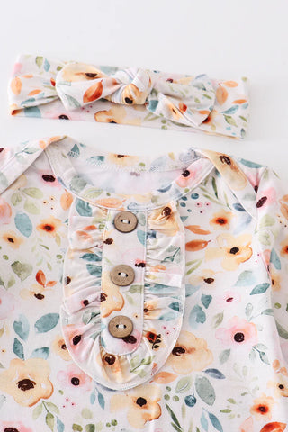 Mustard floral print bamboo baby gown, A Blissfully Beautiful Boutique - A Blissfully Beautiful Boutique