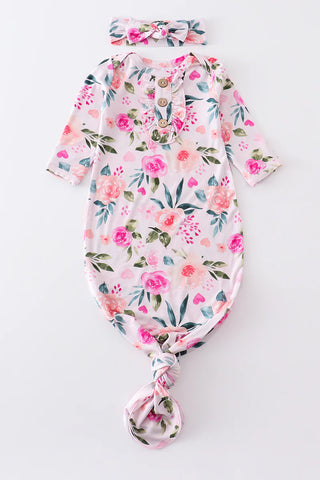 Pink floral print bamboo baby gown, A Blissfully Beautiful Boutique - A Blissfully Beautiful Boutique