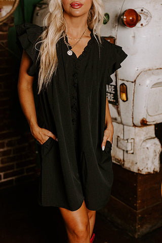 Black Ruffle Sleeve V Neck Frilled Shift Dress, A Blissfully Beautiful Boutique - A Blissfully Beautiful Boutique