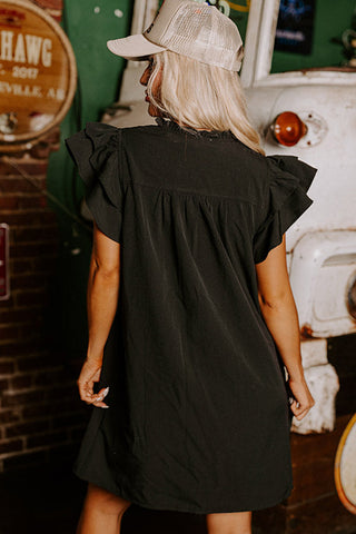 Black Ruffle Sleeve V Neck Frilled Shift Dress, A Blissfully Beautiful Boutique - A Blissfully Beautiful Boutique