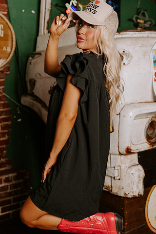 Black Ruffle Sleeve V Neck Frilled Shift Dress, A Blissfully Beautiful Boutique - A Blissfully Beautiful Boutique