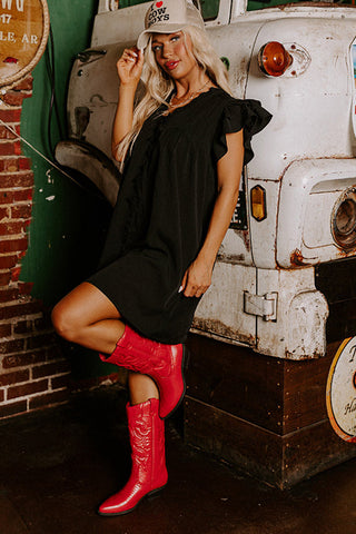 Black Ruffle Sleeve V Neck Frilled Shift Dress, A Blissfully Beautiful Boutique - A Blissfully Beautiful Boutique