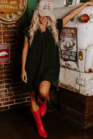 Black Ruffle Sleeve V Neck Frilled Shift Dress, A Blissfully Beautiful Boutique - A Blissfully Beautiful Boutique