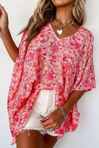 Pink Boho Floral V Neck Kimono Style Blouse, A Blissfully Beautiful Boutique - A Blissfully Beautiful Boutique