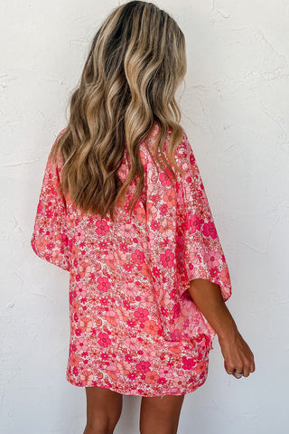 Pink Boho Floral V Neck Kimono Style Blouse, A Blissfully Beautiful Boutique - A Blissfully Beautiful Boutique
