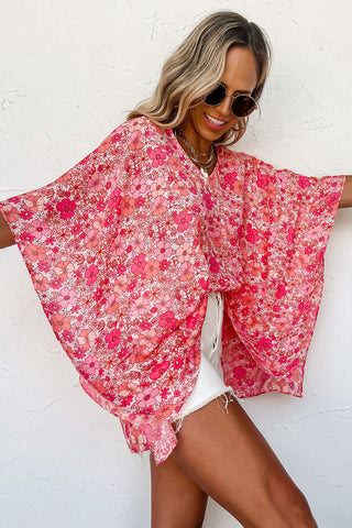 Pink Boho Floral V Neck Kimono Style Blouse, A Blissfully Beautiful Boutique - A Blissfully Beautiful Boutique