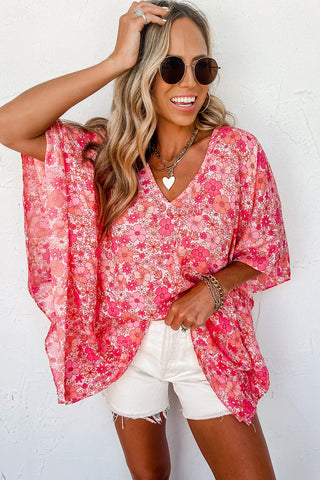 Pink Boho Floral V Neck Kimono Style Blouse, A Blissfully Beautiful Boutique - A Blissfully Beautiful Boutique