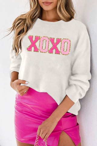 White XOXO Glitter Print Round Neck Casual Sweater, A Blissfully Beautiful Boutique - A Blissfully Beautiful Boutique