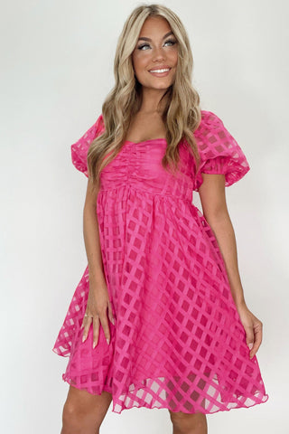 Strawberry Pink Checkered Puff Sleeve Babydoll Dress, A Blissfully Beautiful Boutique - A Blissfully Beautiful Boutique