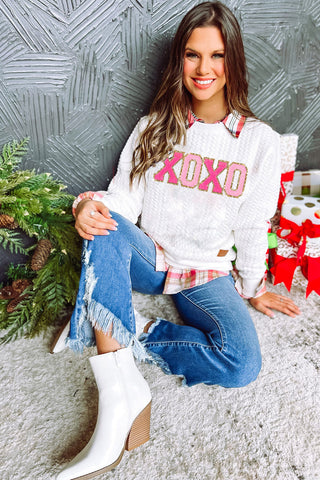 White XOXO Glitter Chenille Cable Knit Pullover Sweatshirt, A Blissfully Beautiful Boutique - A Blissfully Beautiful Boutique
